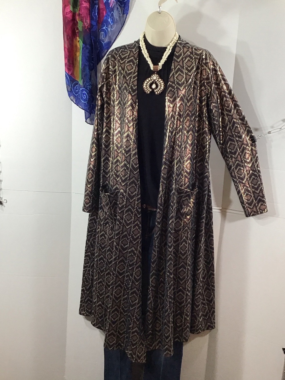 Lularoe Sarah Metallic Bronze Patterned long Duster Jacket bronze black L